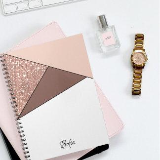 Cuaderno rosa purpurina de oro de lujo personalizado elegan