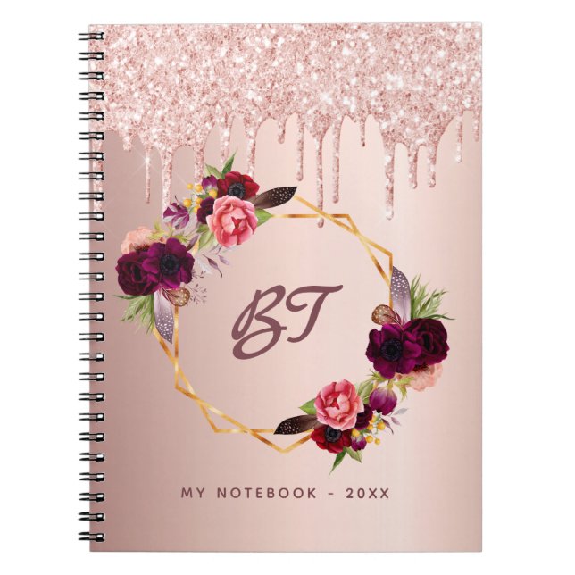 Cuaderno Rosa purpurina de oro florals monogramo burdeos (Frente)