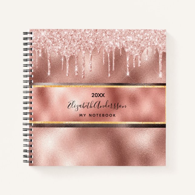 Cuaderno Rosa purpurina de oro gotea nombre en monograma (Anverso)
