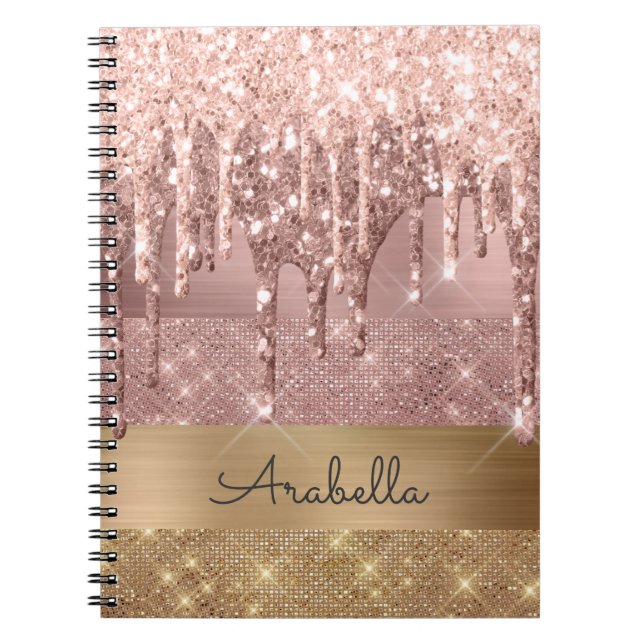 Cuaderno Rosa Purpurina dorado goteo Bandas de oro Monogram (Frente)
