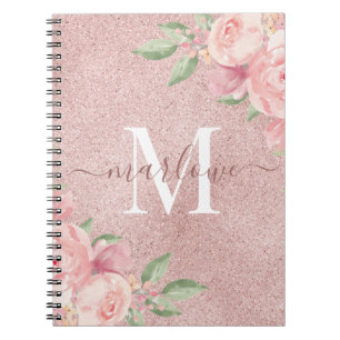 Cuaderno Rosa Purpurina dorado Rubor Monograma floral rosa