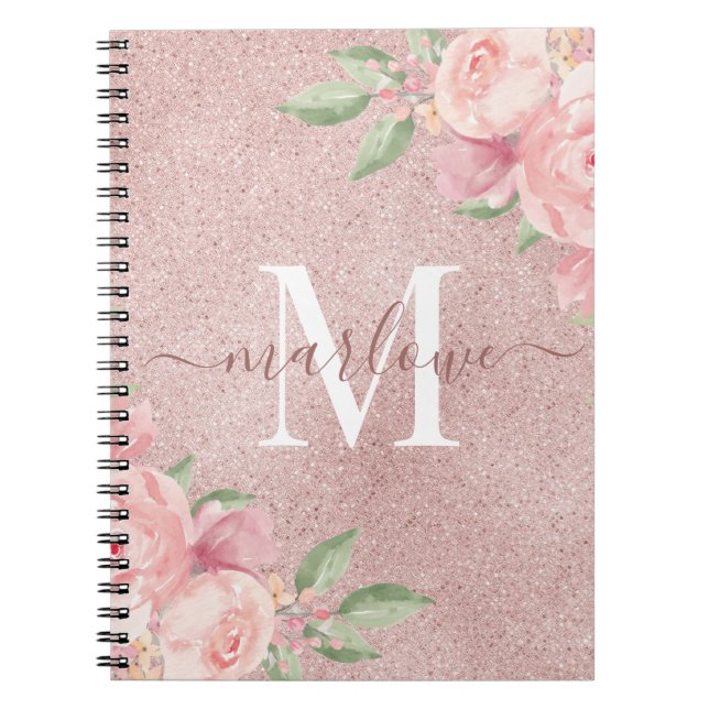 Cuaderno Rosa Purpurina dorado Rubor Monograma floral rosa (Frente)
