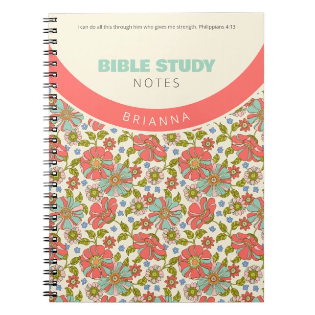Cuaderno Rosa Retro y Floral Personalizado en Aqua (Frente)