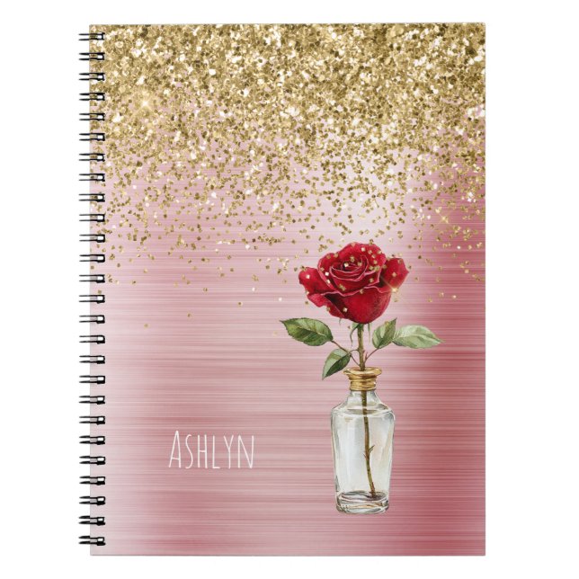 Cuaderno Rosa Roja con Brillo Dorado (Frente)