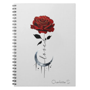 Cuaderno Rosa roja de tatuaje y luna de luna creciente con