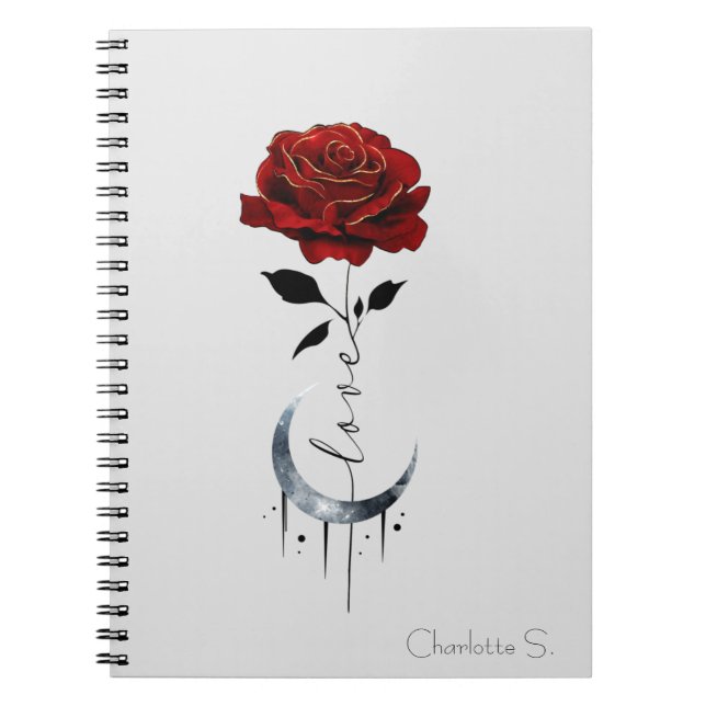 Cuaderno Rosa roja de tatuaje y luna de luna creciente con  (Frente)