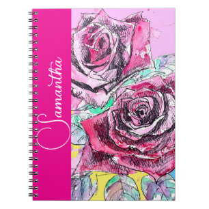 Cuaderno Rosa Roja Flor de Acuarela Nombre de Niñas Floral