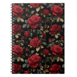Cuaderno Rosa Roja Profunda Elegante Patrón Floral Negro