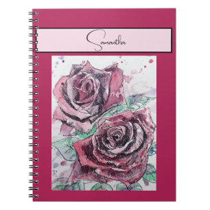 Cuaderno Rosa Roja Rosas Flor Acuarela Floral Arte Púrpura