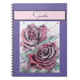 Cuaderno Rosa Roja Rosas Flor Acuarela Floral Arte Púrpura
