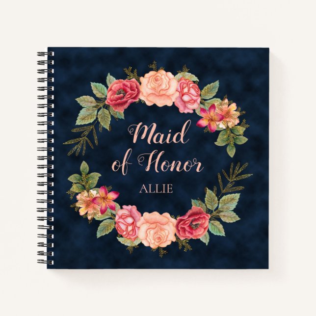 Cuaderno Rosa Rojo Floral Azul Marino Doncella Honor Boda (Anverso)