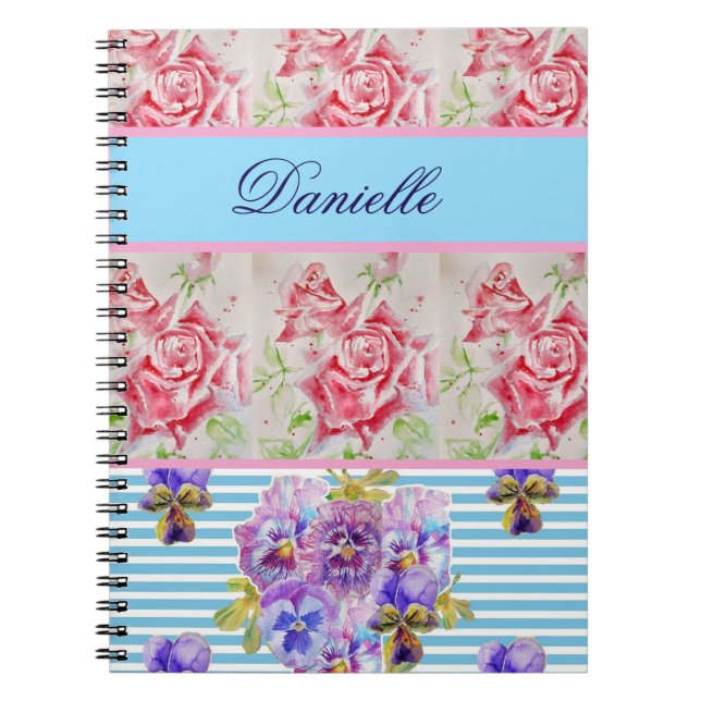 Cuaderno Rosa Rojo Shabby Chic Watercolor Rosas Rosa Azul (Frente)