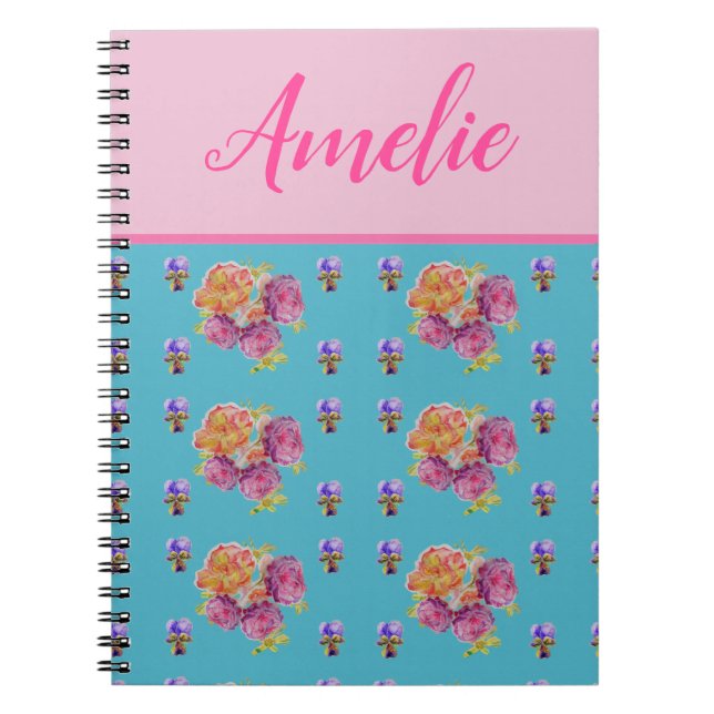 Cuaderno Rosa Rosa Roja Desgastada Chic Azul Turquesa Flora (Frente)
