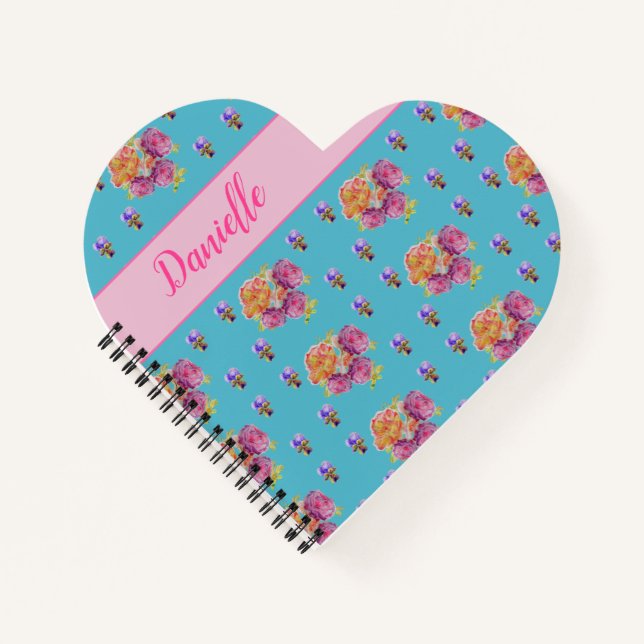 Cuaderno Rosa Rosa Roja Shabby Chic Azul Teal Floral Flor (Anverso)