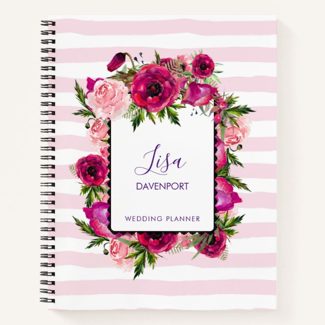 Cuaderno Rosa rosa y amapola floral en franjas rosas (Anverso)