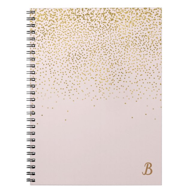 Cuaderno Rosa sonrojado y confeti dorado Glam moderno de mo (Frente)