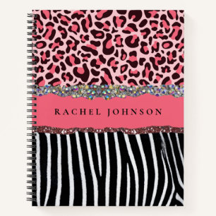 Cuaderno Rosa sonrosado femenino brillo estampado leopardo