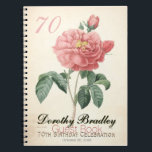 Cuaderno Rosa Vintage Blomming 70th Birthday Celebration GB<br><div class="desc">Portátil de espiral de la fiesta de cumpleaños 70 (libro de invitados) con acuarelas botánicas vintage de una rosa roja suave y florida de Pierre-Joseph Redouté. Puede cambiar fácilmente el texto (color, fuente, tamaño y posición) haciendo clic en el botón personalizar o personalizar. Invitación de cumpleaños, caja de favores de...</div>