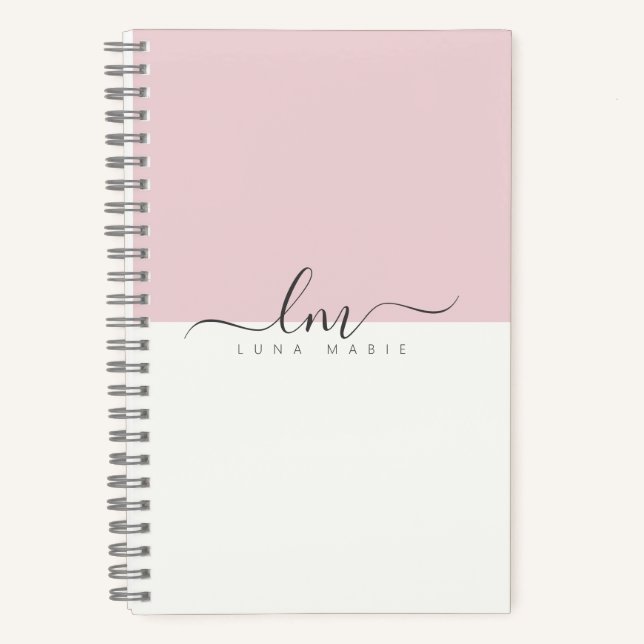 Cuaderno Rosa y blanco, monograma caligráfico minimalista (Anverso)