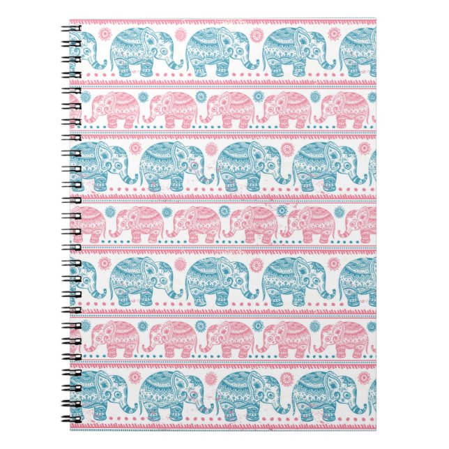 Cuaderno Rosa y modelo étnico verde azulado del elefante (Frente)