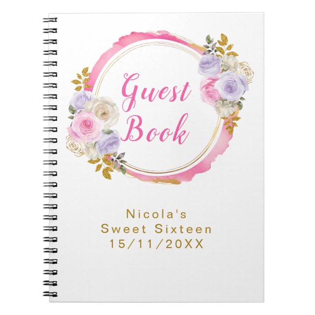 Cuaderno Rosa y púrpura elegante flores dulces dieciséis (Frente)