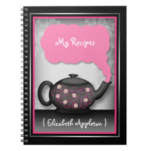 Cuaderno rosado y negro del tiempo elegante del té