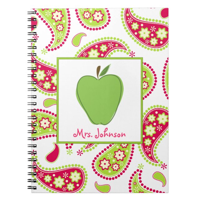 Cuaderno rosado y verde de Apple verde de Paisley (Frente)