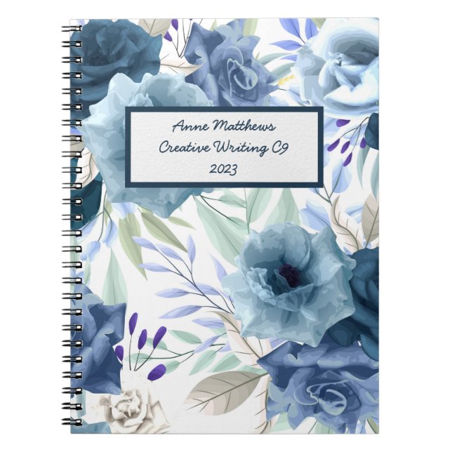 Cuaderno Rosas acuarelas Florales Navy nombre azul en polvo (Frente)