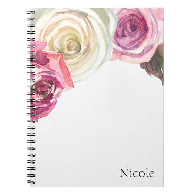 Cuaderno Rosas acuarelas Glam Floral de Moda rosa y blanca (Frente)