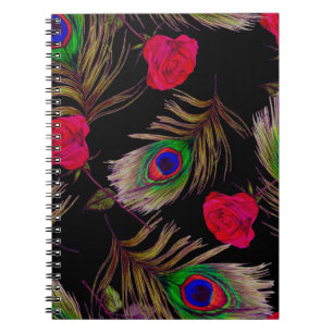 Cuaderno Rosas acuarelas, plumas de pavo real, decorativo.