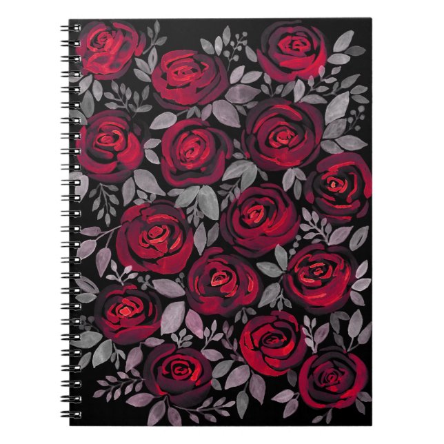 Cuaderno Rosas acuarelas, rosas rojas sobre negro (Frente)