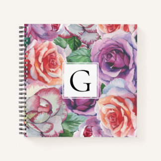 Cuaderno Rosas acuarelas y marco con floral monogramo