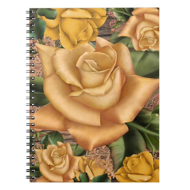 Cuaderno Rosas Amarillas y Madera Rústica Campestre Chic De (Frente)