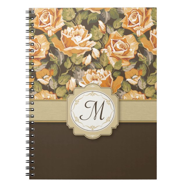 Cuaderno Rosas amarillos del oro en Brown con el monograma (Frente)