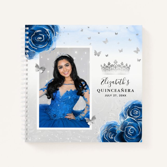 Cuaderno Rosas azules de Plata Real Foto Invitada de Quince (Anverso)