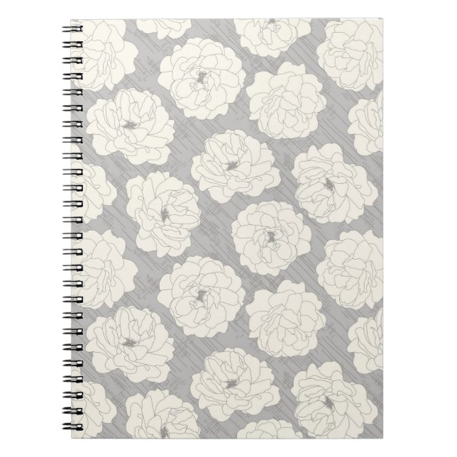 Cuaderno Rosas blancas en gris claro - patrón sin fisuras. (Frente)