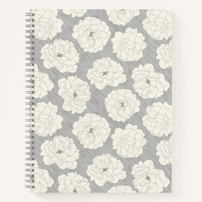 Cuaderno Rosas blancas en gris claro - patrón sin fisuras. (Anverso)