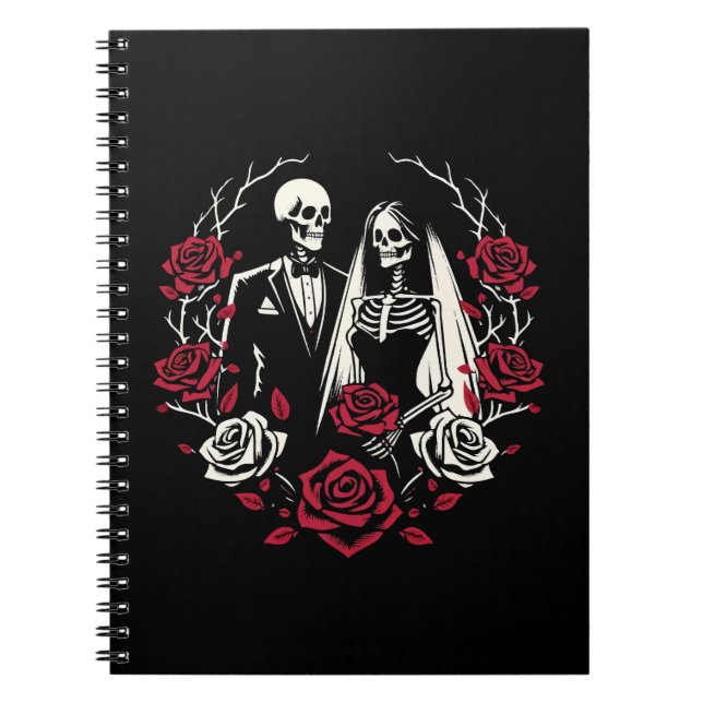 Cuaderno Rosas blancas rojas y negras esqueleto boda de par (Frente)