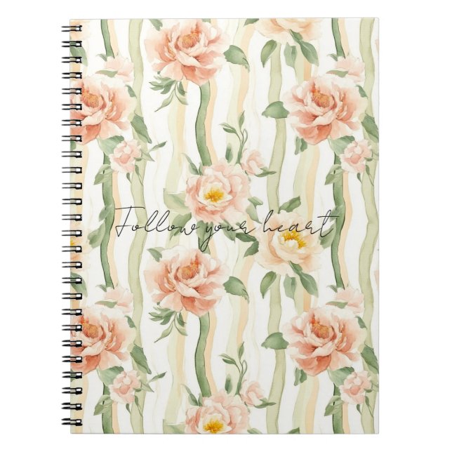 Cuaderno Rosas Bonitas de Melocotón Menta Rayas Florales (Frente)