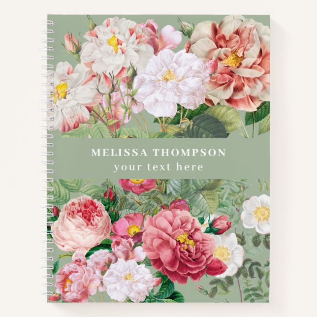 Cuaderno Rosas botánicos de época verdes y rosas (Anverso)
