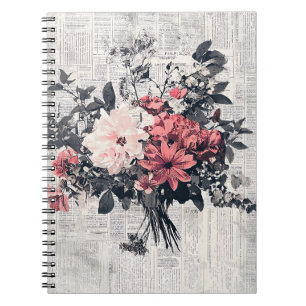 Cuaderno Rosas Coral Pink Arte Botánico de Periódico Antigu