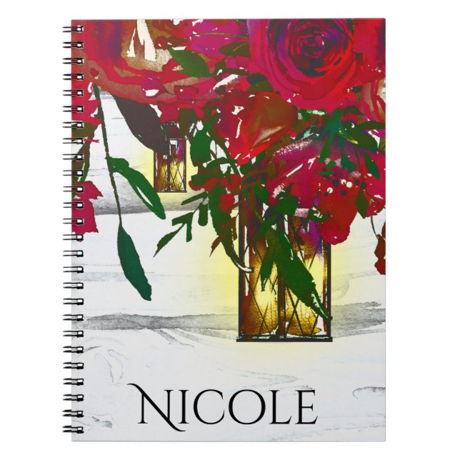 Cuaderno Rosas de acuarela roja romántica y linterna rústic (Frente)