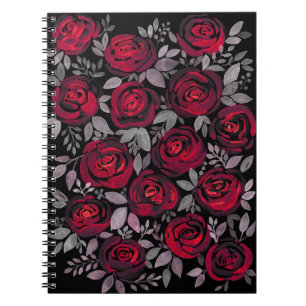 Cuaderno rosas de color de agua, rosas rojas en negro