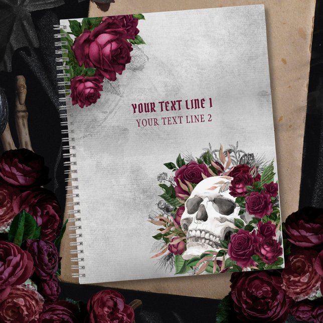 Cuaderno Rosas de cráneo Grunge gris borgoñoso personalizad (Subido por el creador)