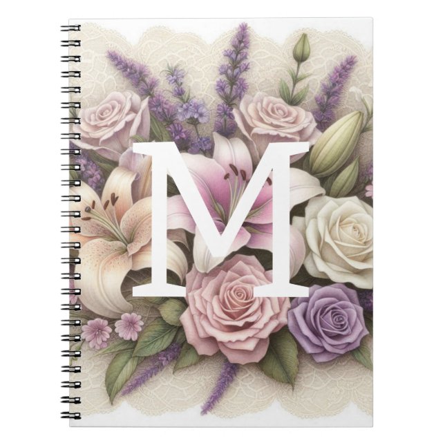 Cuaderno Rosas de encaje floral morado monograma lirios de  (Frente)