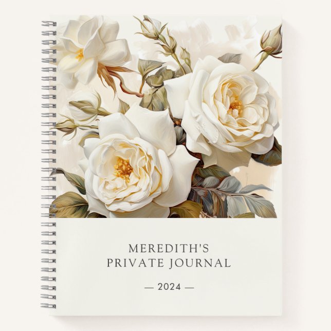 Cuaderno Rosas de época floral blanca personalizada (Anverso)