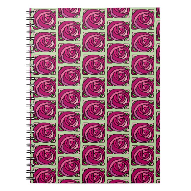 Cuaderno Rosas de la cosecha Patrón floral rosa y verde (Frente)