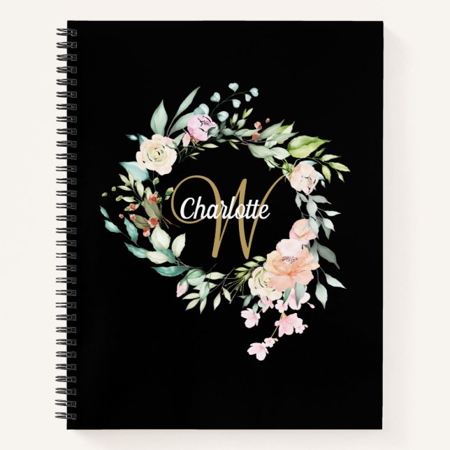 Cuaderno Rosas De Oro Y Negro Monograma Floral Guión Girato (Anverso)