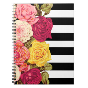 Cuaderno Rosas en rayas negras y blancas modernas Chic Flor