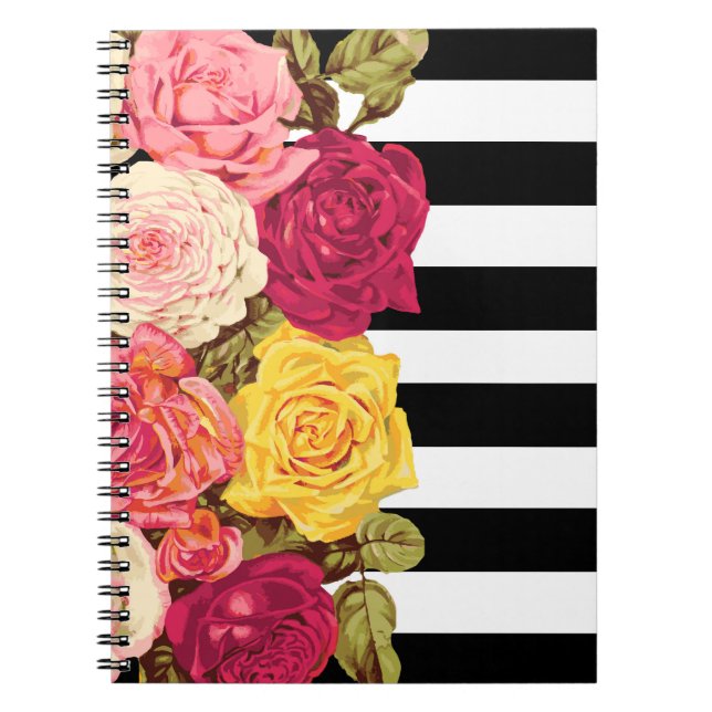 Cuaderno Rosas en rayas negras y blancas modernas Chic Flor (Frente)